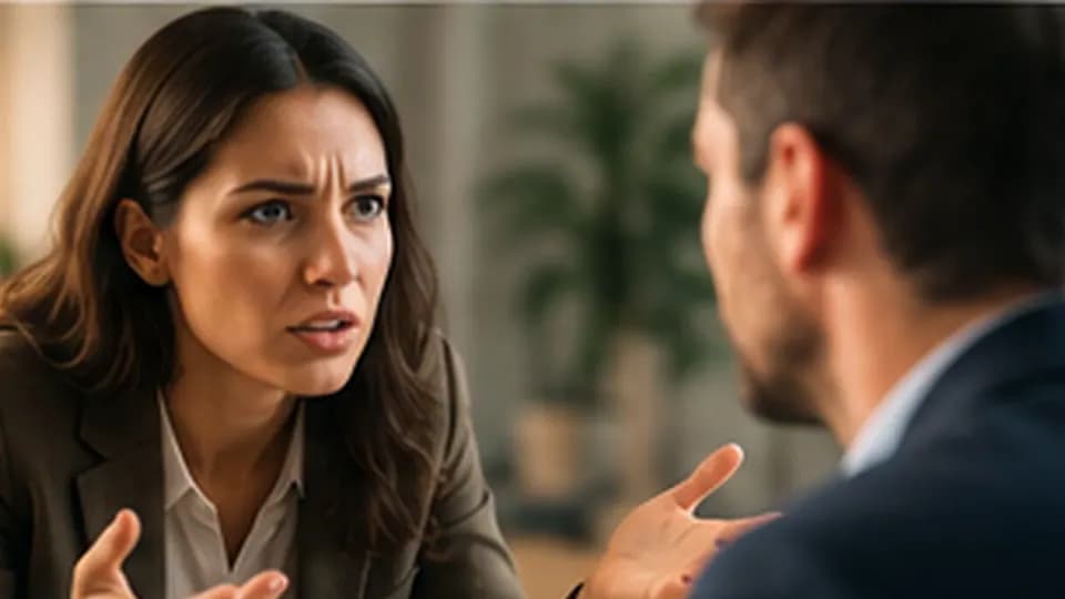 Une cliente exprime son mécontentement face à un professionnel qui l’écoute.