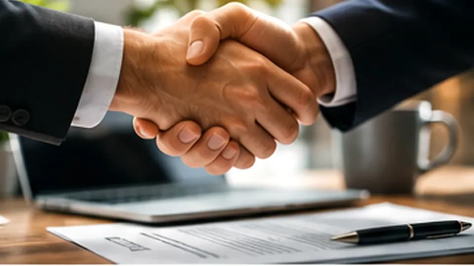 Poignée de main professionnelle symbolisant une décision commerciale sécurisée et conclue sans pression.