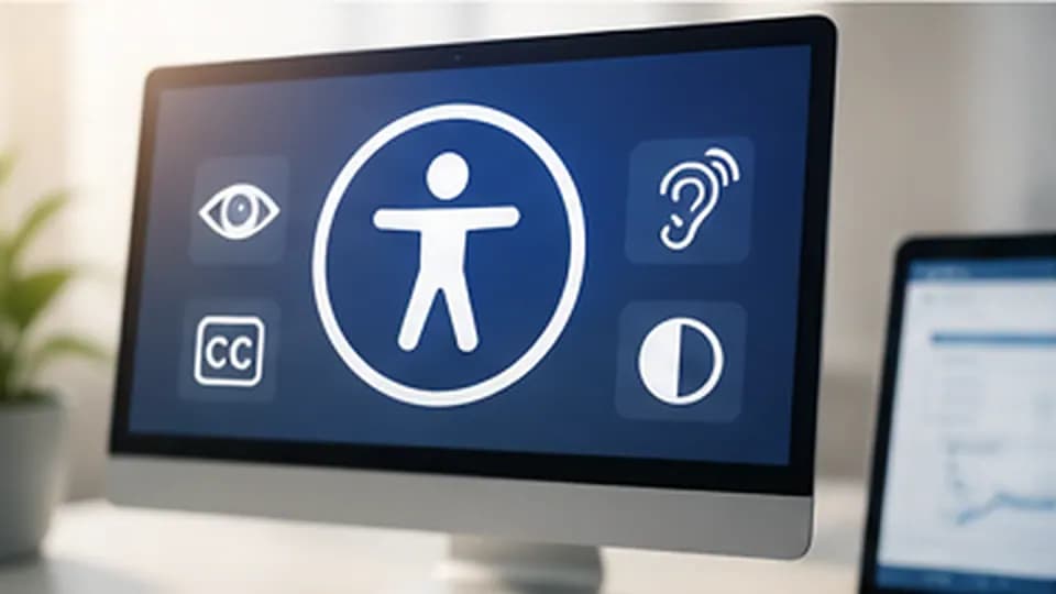 Ordinateur présentant des symboles d’accessibilité numérique dans un environnement de travail lumineux.
