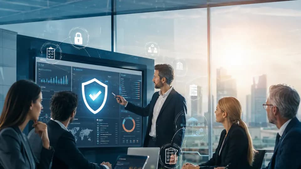 Des dirigeants pilotent la conformité NIS2 autour d’un tableau de bord de cybersécurité et de gouvernance.
