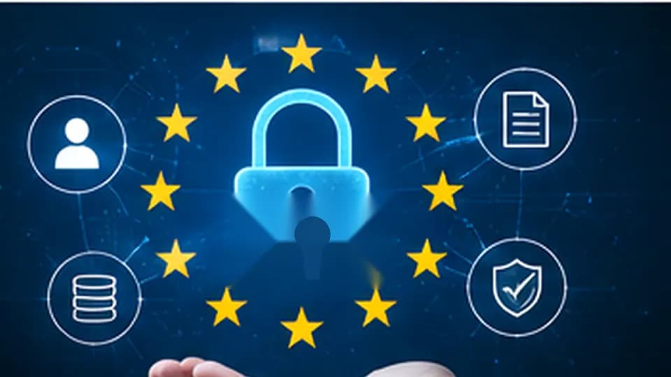Cadenas numérique entouré d’étoiles européennes et de pictogrammes de données, de documents et de sécurité.