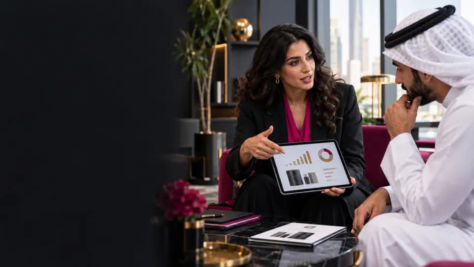 Professionnels simulant un échange commercial et une négociation en arabe.