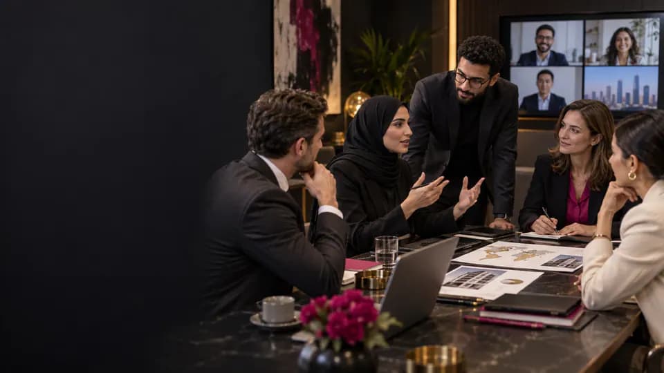 Cadres préparant en arabe une présentation et une réunion d’affaires.