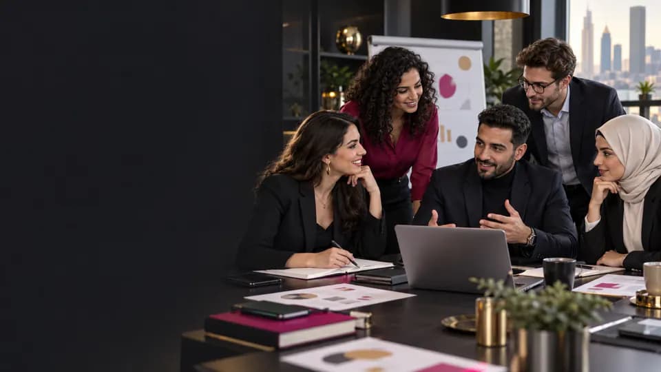 Équipe internationale travaillant ses échanges professionnels en arabe.