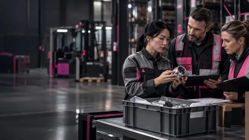 Équipe examinant une pièce et des données qualité dans un environnement industriel et logistique.