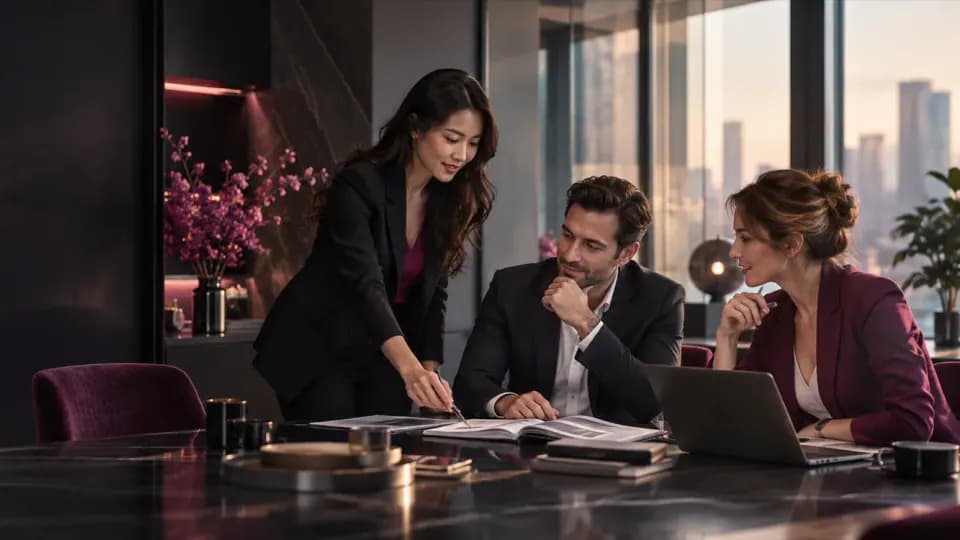 Équipe travaillant ses échanges professionnels en chinois autour de documents et d’un ordinateur.