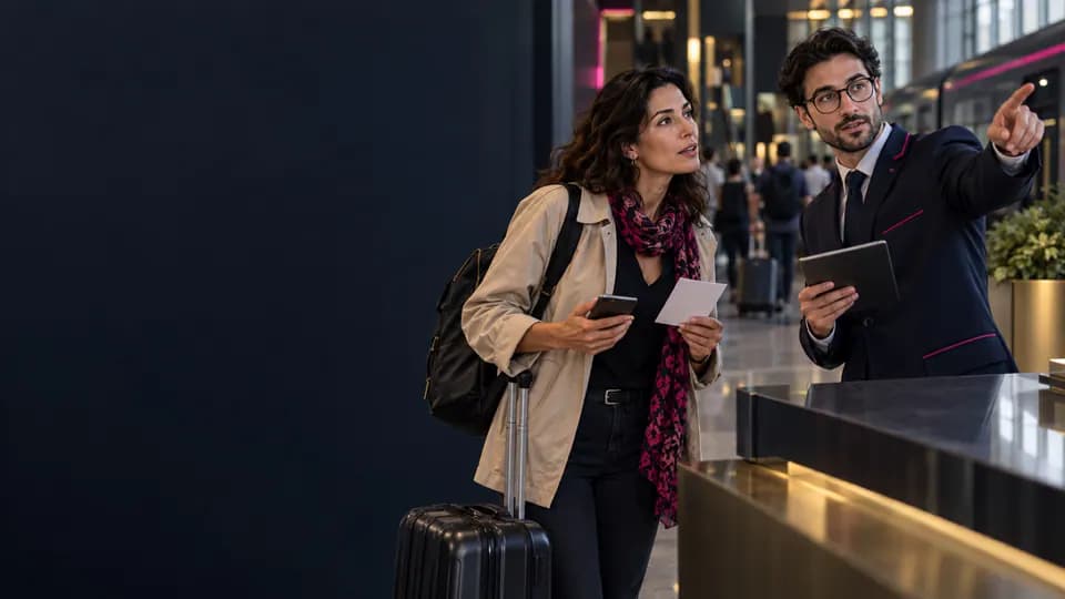 Voyageuse demandant une information en espagnol dans un terminal contemporain.