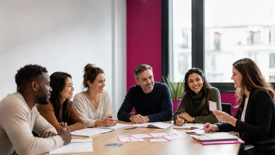 Adultes apprenant le français en petit groupe avec une formatrice à Strasbourg.