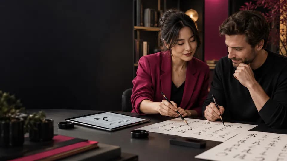 Apprenant étudiant les kana et les kanji sur des supports papier et numériques.