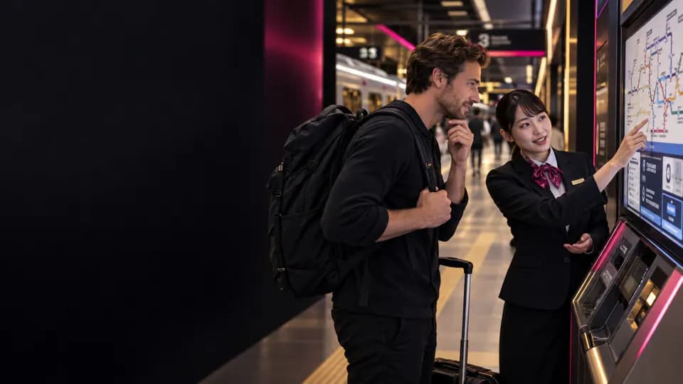 Voyageur utilisant le japonais dans un environnement ferroviaire moderne au Japon.