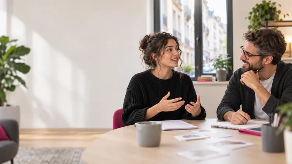 Formatrice accompagnant une adulte débutante dans son apprentissage du portugais.