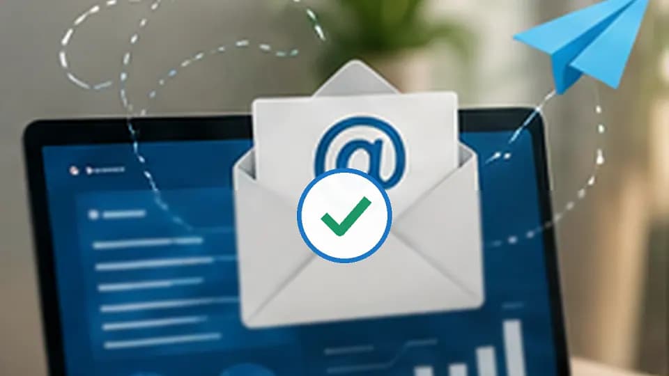 Ordinateur avec enveloppe, indicateurs de performance, avions en papier et symbole de validation.