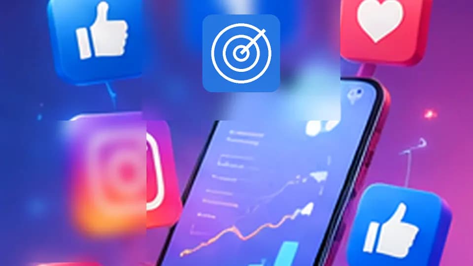 Téléphone entouré de réactions sociales, d’un symbole de ciblage et d’un graphique de progression.