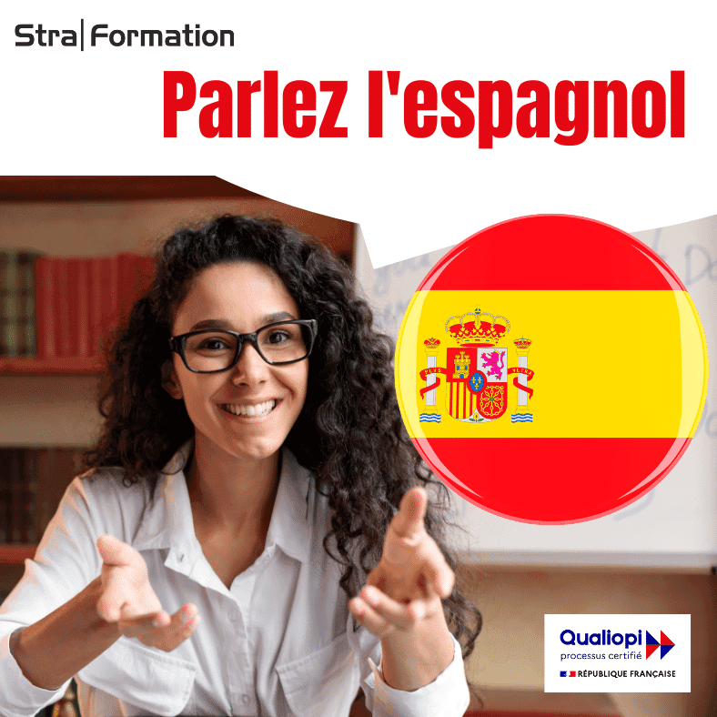 Métadonnées pour une image d'une formatrice donnant un cours d'espagnol Titre de l'image : Apprendre l'espagnol avec Straformation Description de l'image : Une femme souriante, d'origine hispanique, donne un cours d'espagnol.