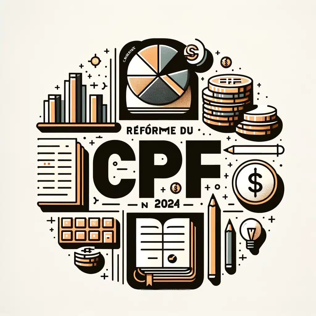 Image d'une infographie stylisée avec des éléments visuels associés aux finances et à l'éducation. Au centre, le texte "Réforme du CPF" est mis en évidence avec l'année "2024" en dessous. Autour de ce texte, divers symboles tels que des graphiques à barres et circulaires, des pièces de monnaie empilées, un dollar, des icônes de livre ouvert, un stylo et un crayon, ainsi qu'un clavier de calculatrice. Les éléments sont disposés de manière équilibrée et décorative, avec des lignes et des points connectant les différents objets, suggérant une réforme structurée et financière du Compte Personnel de Formation (CPF) en France