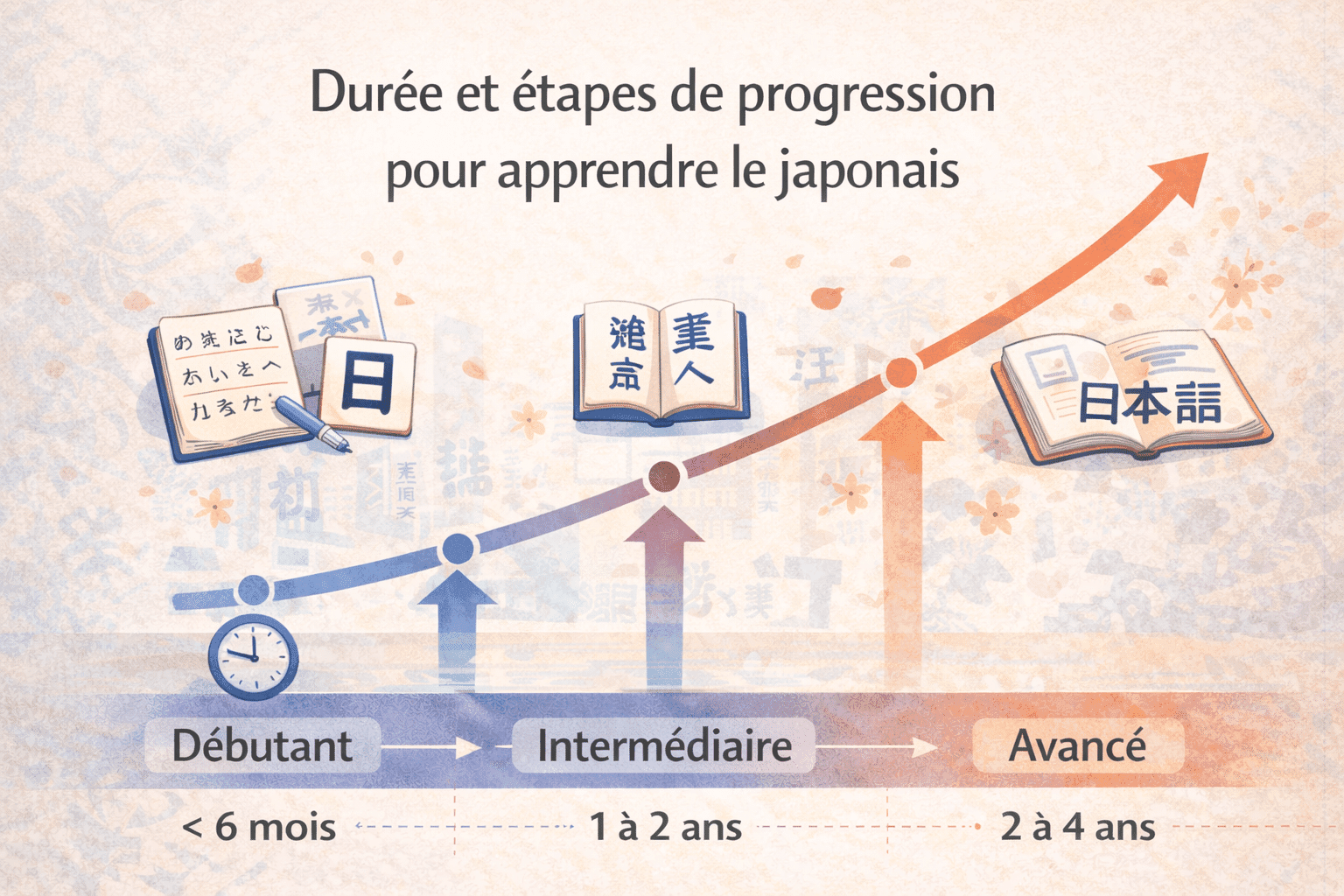 Schéma illustrant le temps nécessaire pour apprendre le japonais du niveau débutant au niveau avancé