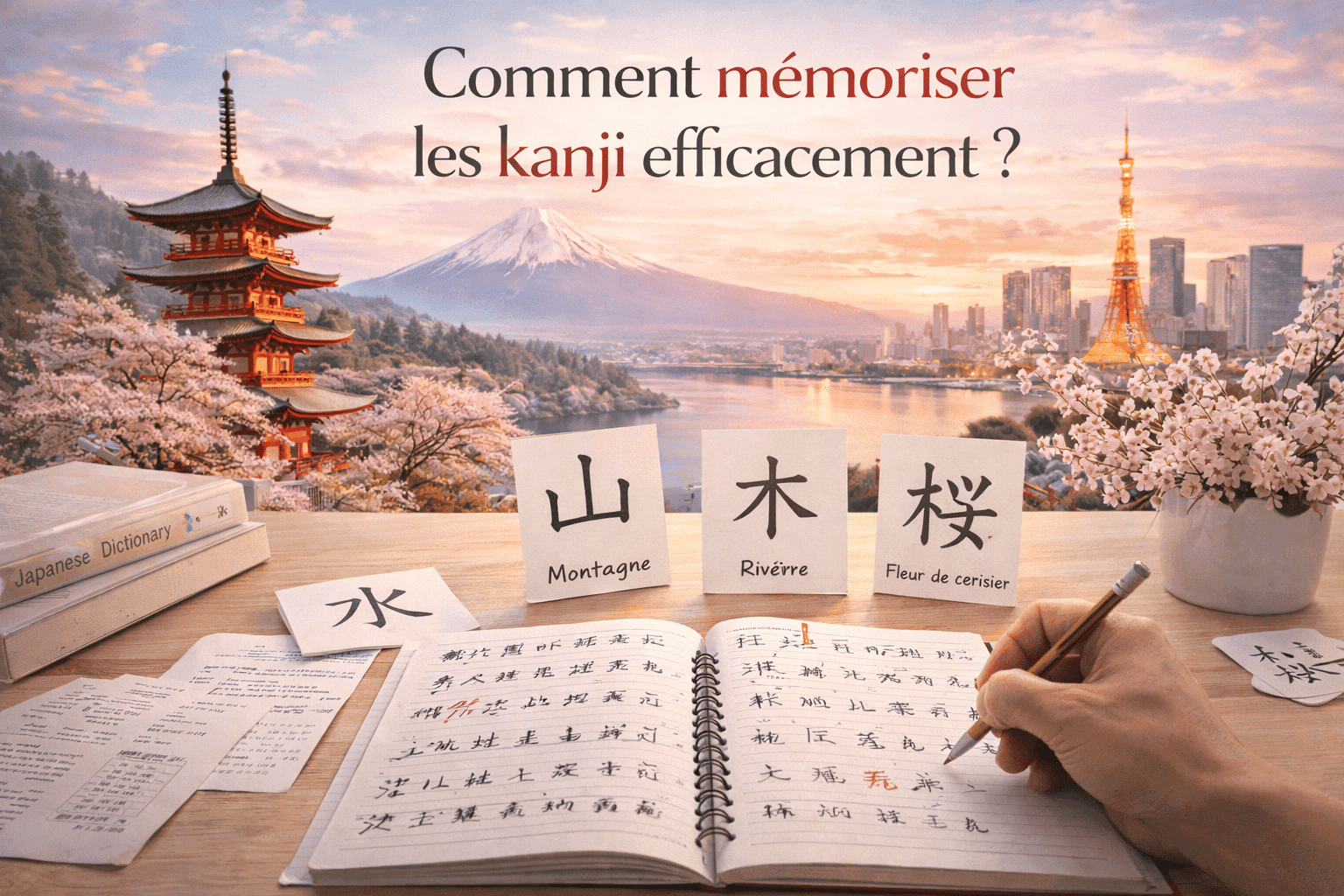 Apprentissage des kanji japonais avec carnet et paysages emblématiques du Japon