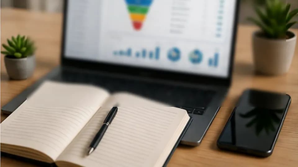 Formation – Formation CRM opérationnel : structurer le pipeline et fiabiliser le suivi commercial – Présentation Ordinateur affichant un entonnoir commercial, des graphiques et un carnet de suivi.