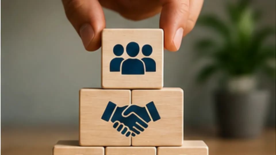Formation – Formation Customer Success : réussir l’onboarding, l’adoption et le renouvellement client – Présentation Blocs en bois représentant une équipe, une poignée de main et plusieurs niveaux de satisfaction client.