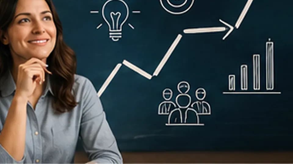 Formation – Formation posture commerciale pour non-commerciaux : détecter un besoin et transmettre sans forcer – Présentation Une professionnelle réfléchit devant des symboles de progression, d’idée et de collaboration.