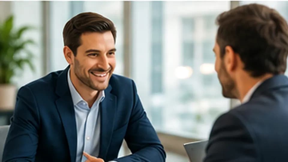 Formation – Formation vente B2B : conduire l’entretien commercial de la découverte au suivi – Présentation Deux professionnels souriants conduisent un entretien commercial autour de documents.