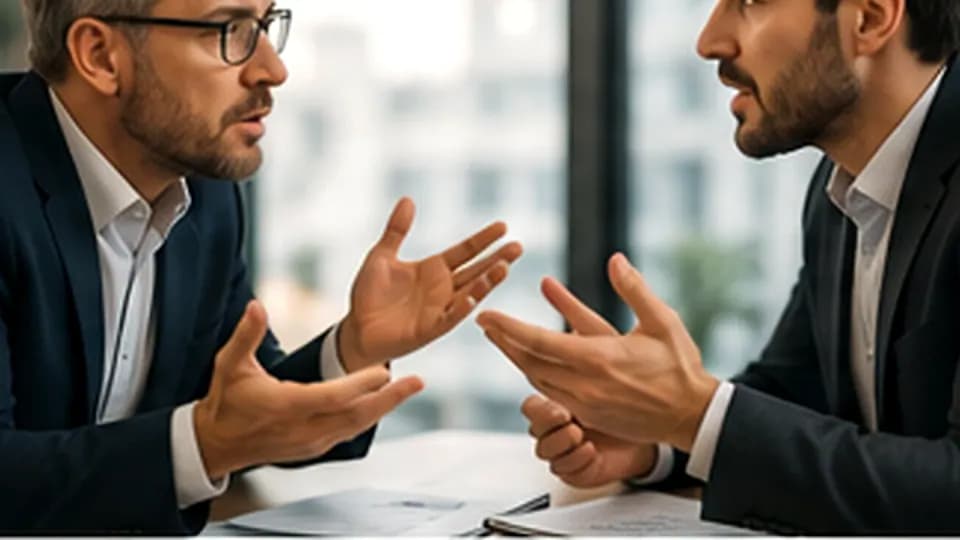 Formation – Formation conflits clients-fournisseurs : prévenir, désamorcer et résoudre avec méthode – Présentation Deux professionnels échangent vivement autour d’une table afin de résoudre un désaccord commercial.