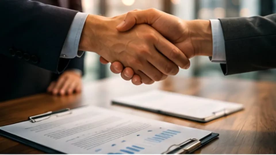 Formation – Formation négociation commerciale B2B : défendre la valeur et construire un accord – Présentation Deux professionnels concluent un accord par une poignée de main dans un environnement de travail lumineux.