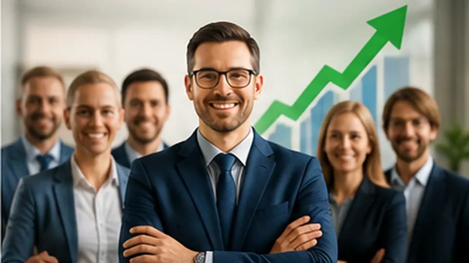 Formation – Formation manager commercial : piloter l’activité et faire progresser l’équipe – Présentation Manager commercial devant son équipe avec une flèche de progression ascendante.