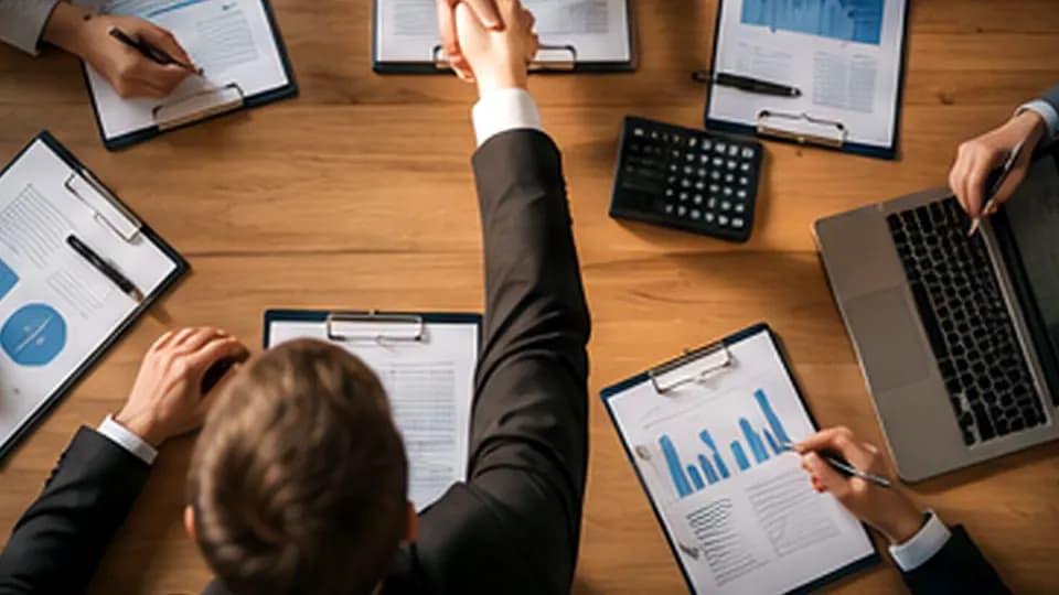 Formation – Formation négociation achats : préparer, conduire et sécuriser l’accord fournisseur – Présentation Réunion vue du dessus avec documents d’analyse et poignée de main entre acheteur et fournisseur.