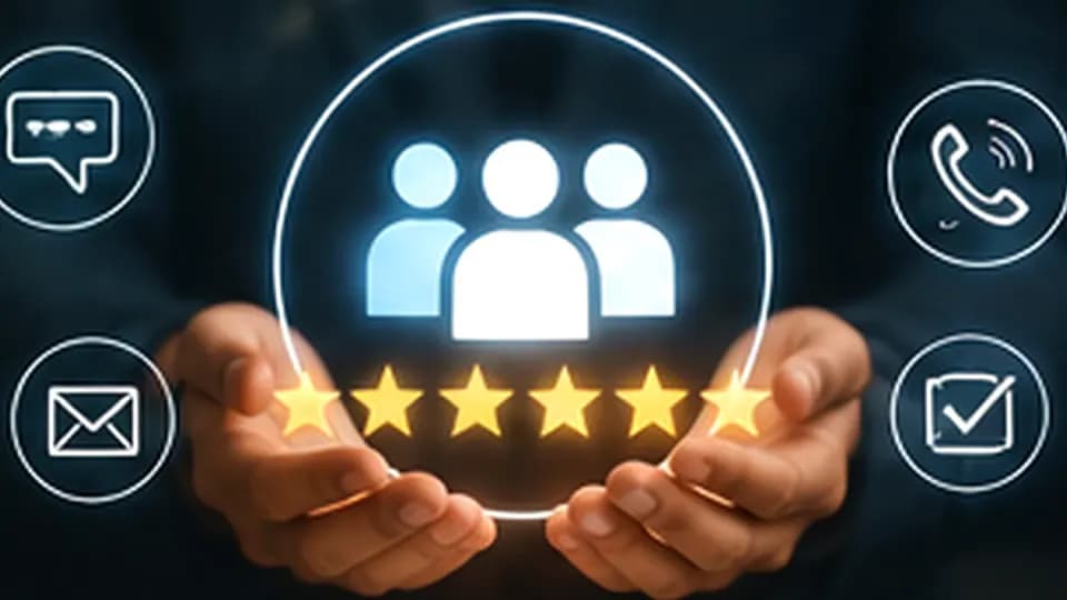 Formation – Formation service client et SAV : organiser les demandes, la qualité et l’amélioration continue – Présentation Des mains soutiennent un symbole de clients entouré de canaux de contact et d’indicateurs de satisfaction.