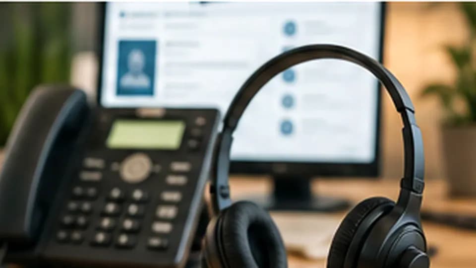Formation – Formation prospection téléphonique B2B : appeler, qualifier et tracer avec méthode – Présentation Casque téléphonique avec microphone placé devant un téléphone professionnel et un écran de suivi.