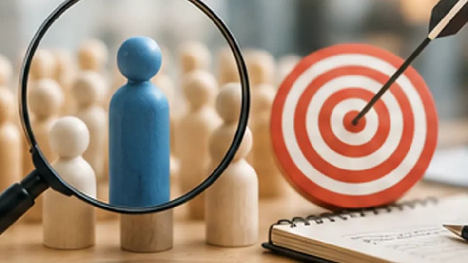 Formation – Formation prospection commerciale B2B : cibler, contacter et piloter sans spam – Présentation Une loupe isole un prospect au sein d’un groupe à proximité d’une cible commerciale.