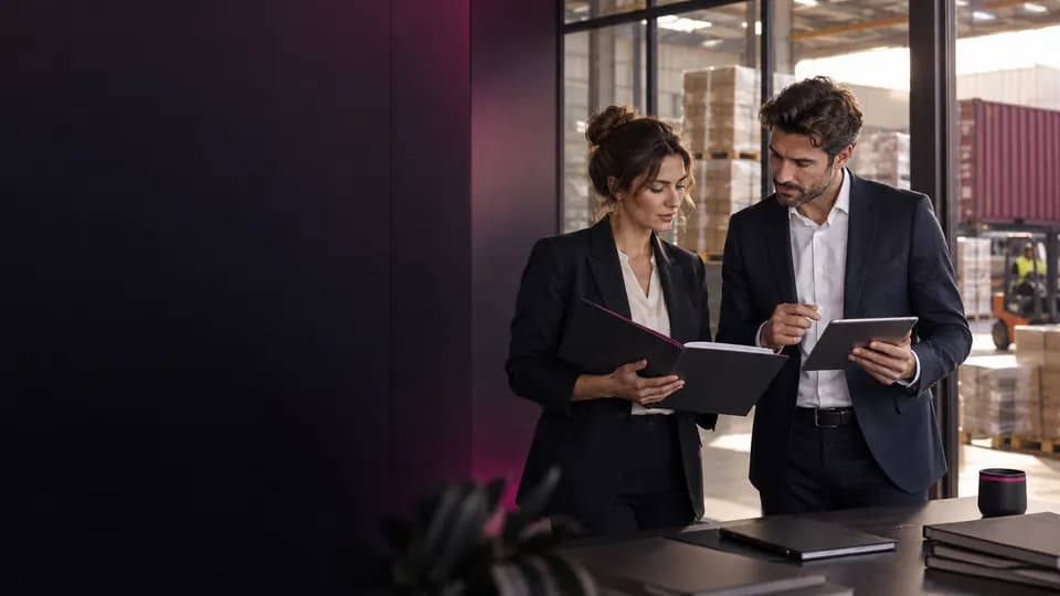 Formation – Formation aux règles Incoterms® 2020 et fondamentaux douaniers – Présentation Équipe import-export étudiant un dossier logistique dans un entrepôt.