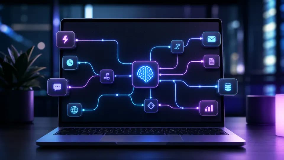 Formation – Formation n8n : automatiser des workflows et intégrer des agents IA – Présentation Workflow automatisé reliant des applications autour d’un agent IA central avec n8n.