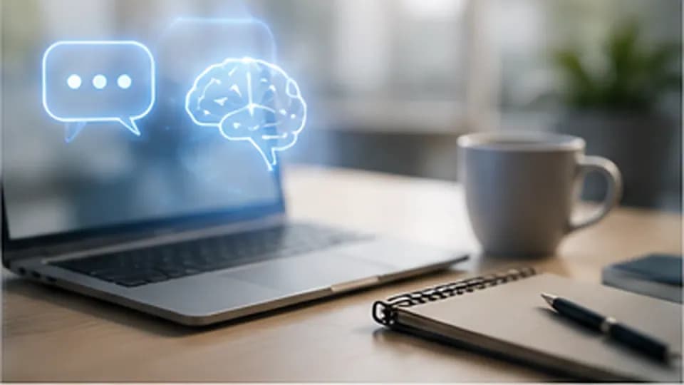 Formation – Formation ChatGPT et IA : gagner du temps sans perdre le contrôle – Présentation Ordinateur affichant des symboles de conversation et d’intelligence artificielle dans un espace de travail.