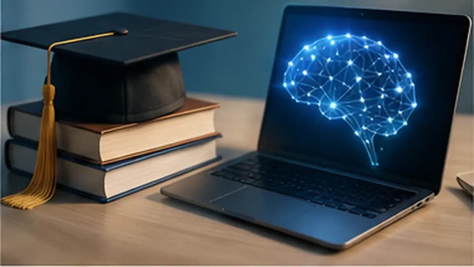 Formation – Formation IA et ChatGPT pour la conception pédagogique – Présentation Ordinateur avec cerveau numérique, livres et chapeau universitaire illustrant la conception pédagogique avec l’IA.