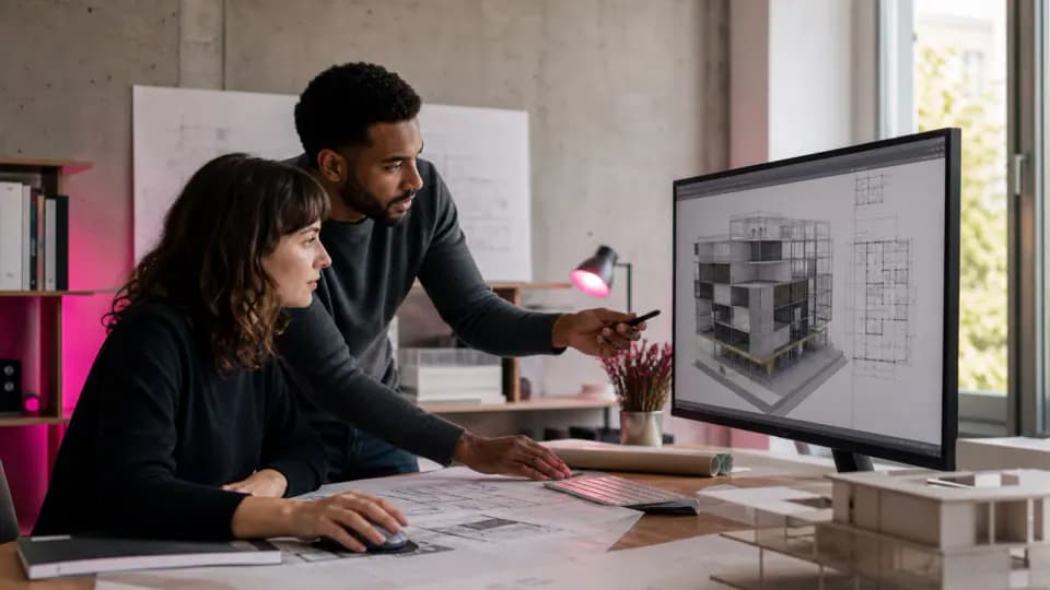 Formation – Formation BIM / CAO-DAO pour agences d’architecture – 35 h – Présentation Deux professionnels d’une agence d’architecture travaillant sur une maquette BIM.