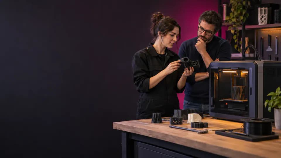 Formation – Formation impression 3D : passez du fichier au prototype documenté – Présentation Formatrice et professionnel contrôlant une pièce près d’une imprimante 3D à filament fermée.