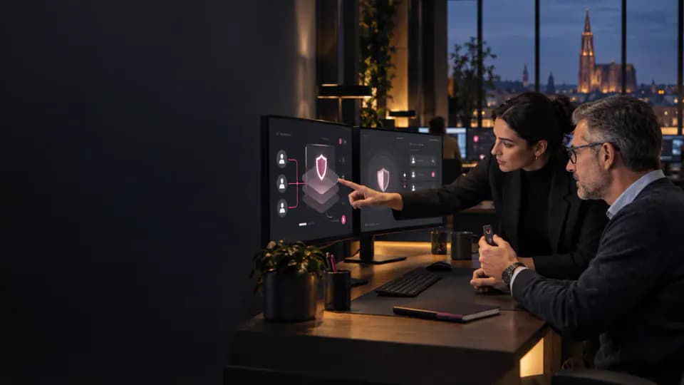 Formation – Formation analyse de données avec l’IA : calculer, visualiser et vérifier sans boîte noire – Présentation Deux professionnels examinant des tableaux de bord numériques, pour illustrer l’analyse de données avec l’IA.