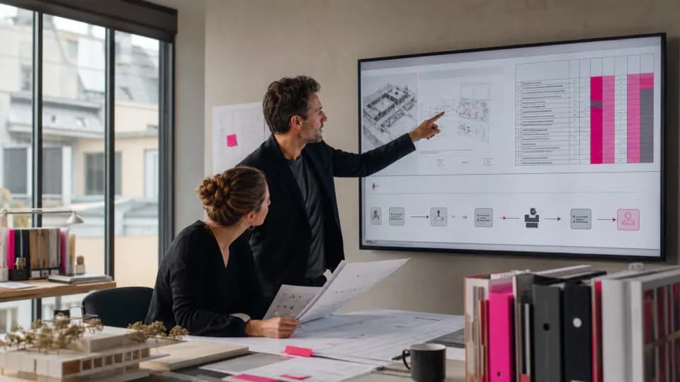 Formation – Formation IA pour agence d’architecture et réponse aux appels d’offres – 14 h – Présentation Deux professionnels d’une agence d’architecture préparant une réponse à un appel d’offres avec un outil d’intelligence artificielle.