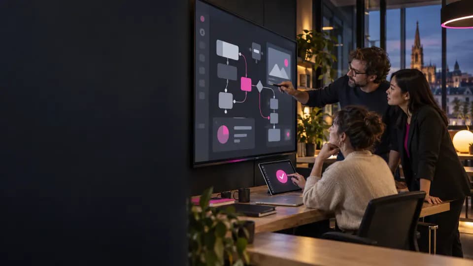 Formation – Formation vibe coding : créer un prototype d’application avec l’IA sans perdre le contrôle – Présentation Équipe examinant un diagramme de workflow et un prototype d’application sur un grand écran.