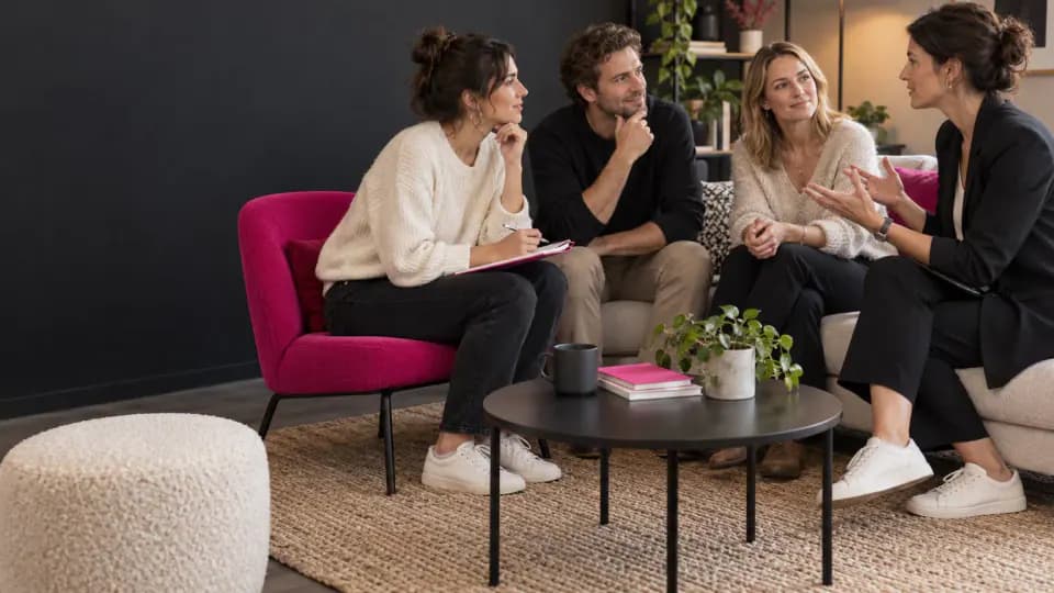 Formation – Allemand oral et conversation : comprendre, répondre et continuer – Présentation Adultes pratiquant la conversation en allemand pendant une formation orale.