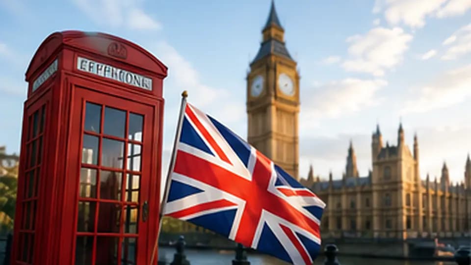 Formation – Formation anglais professionnel : réunions, courriels, vente et service client – Présentation Vue de Londres avec symboles britanniques évoquant l’anglais professionnel et les échanges internationaux.