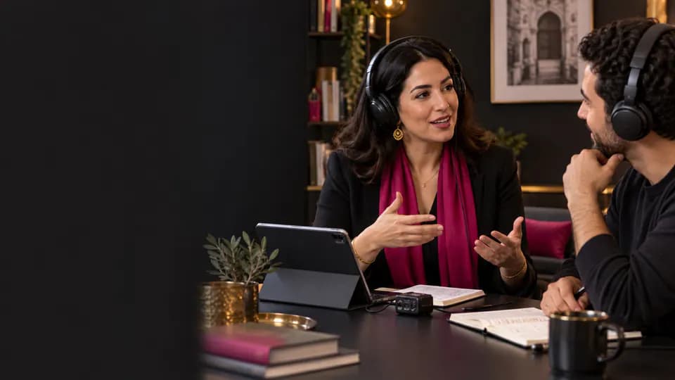 Formation – Arabe oral : comprendre, répondre et maintenir la conversation – Présentation Deux adultes pratiquant l’écoute et la conversation en arabe pendant une formation.