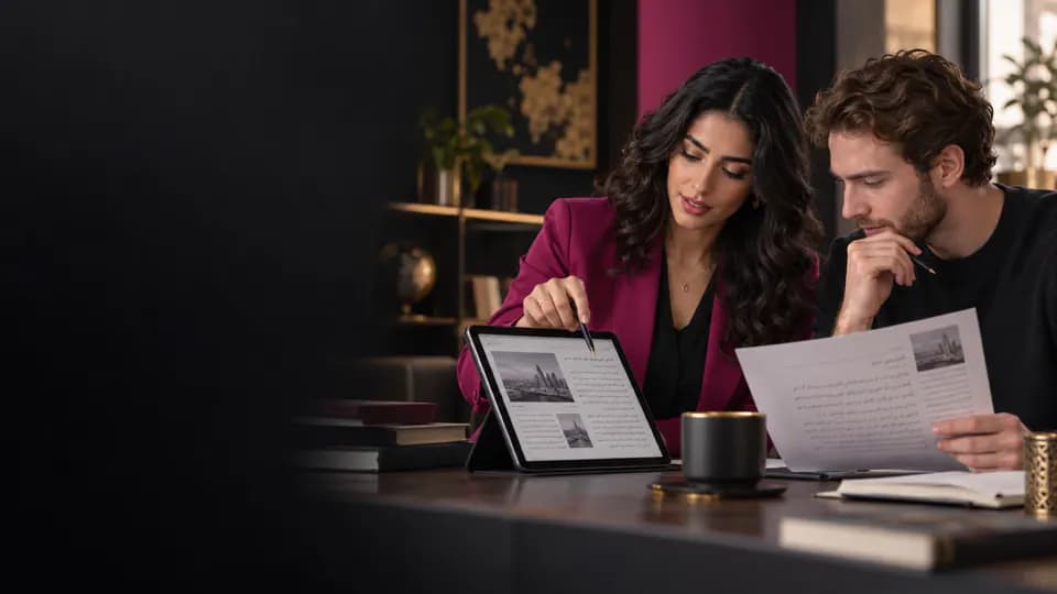 Formation – Arabe standard moderne : lire, comprendre et produire avec méthode – Présentation Adulte étudiant un document en arabe standard moderne sur papier et tablette.