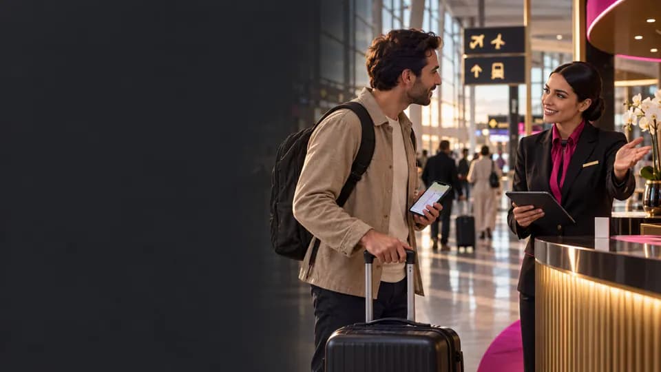 Formation – Arabe voyage : agir avec plus d’autonomie dans le pays choisi – Présentation Voyageuse préparant des échanges utiles en arabe dans un terminal moderne.