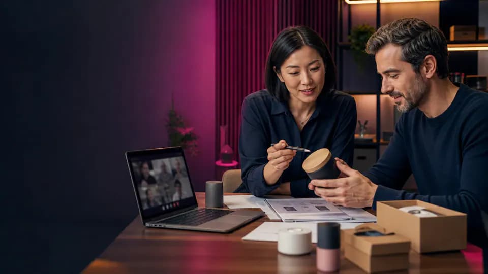 Formation – Parlez le chinois utile pour sourcer et négocier – Présentation Formatrice sinophone présentant un prototype dans le cadre d’un projet de sourcing en Chine.