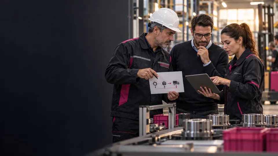 Formation – Espagnol industrie et logistique : sécuriser les faits, les écarts et les actions – Présentation Équipe qualité et logistique vérifiant des flux et des documents en espagnol.