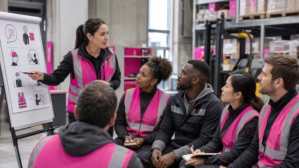Formation – Formation FLE pour l’industrie, le BTP et la logistique – Présentation Équipe suivant une formation de français professionnel dans un environnement logistique.