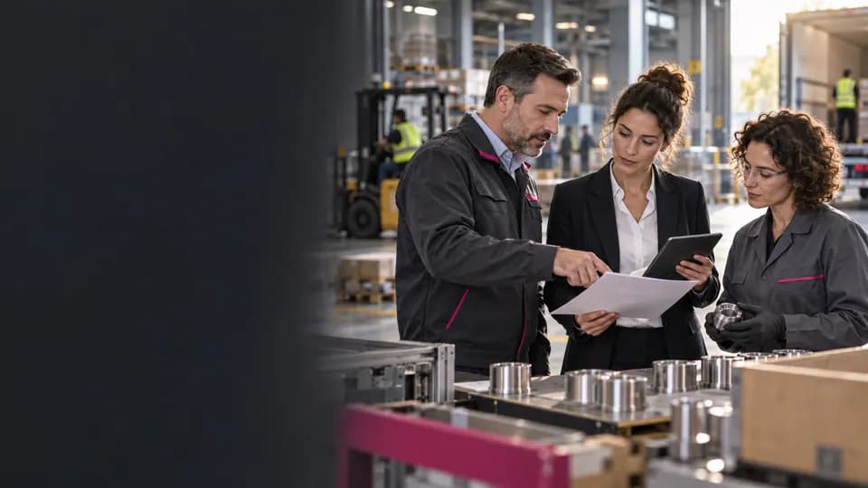 Formation – Italien industrie et logistique : vérifier les données avant d’agir – Présentation Équipe qualité et logistique vérifiant des pièces et des flux en italien.